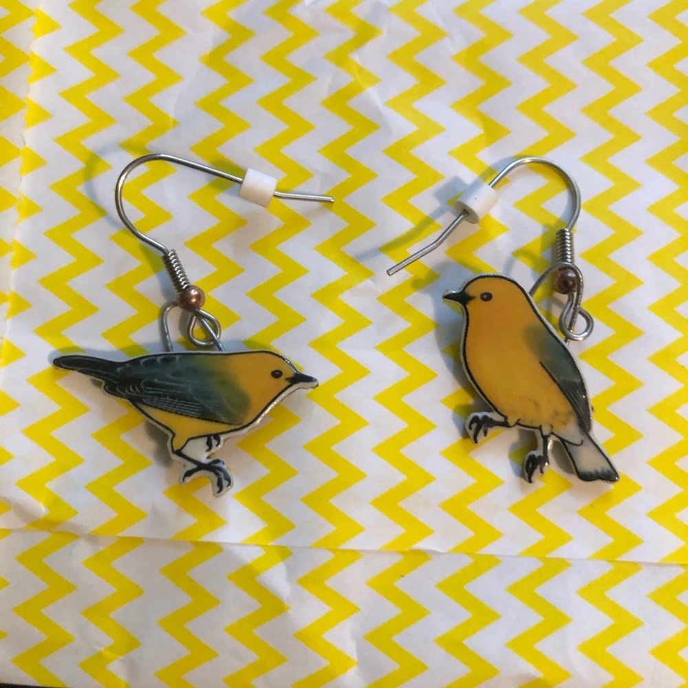 Yellow & Green Bird earrings by Jabebo studios handmade jewelry